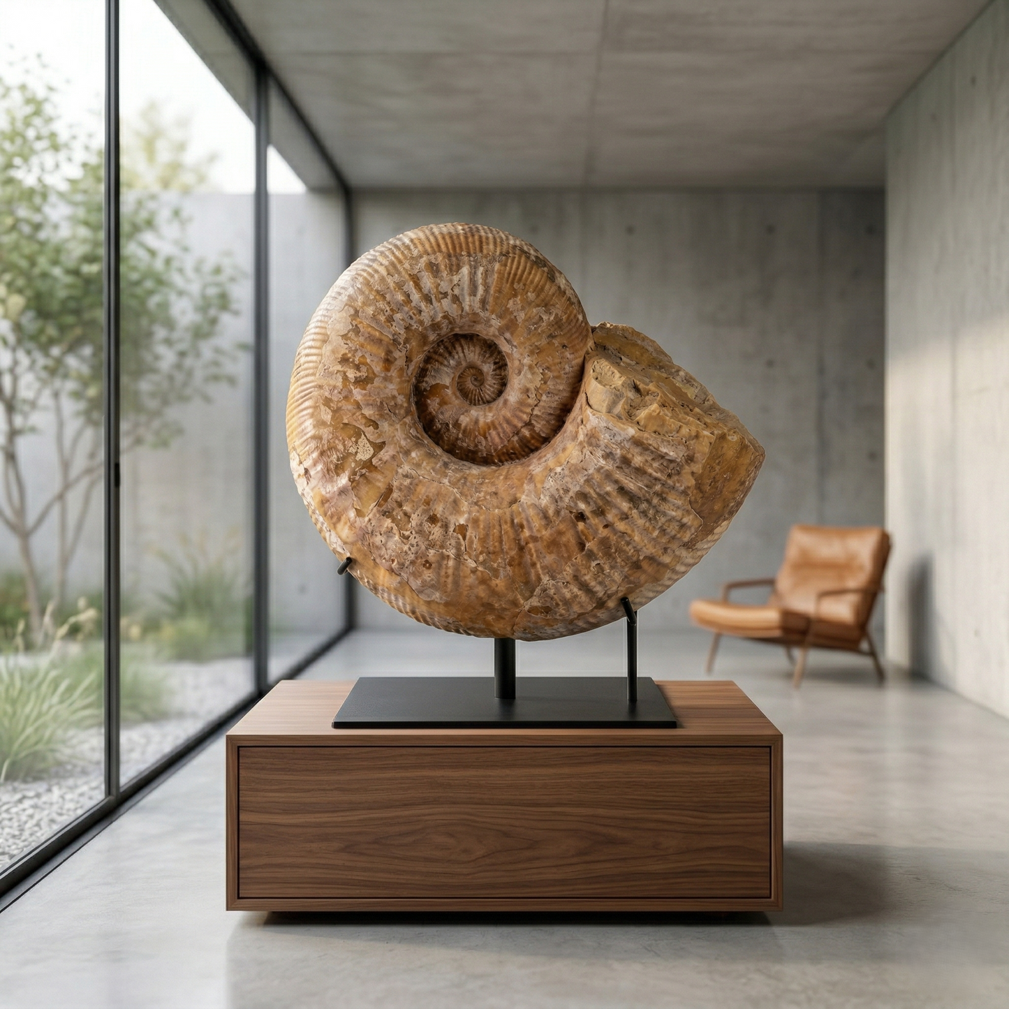 A large Lytoceras Ammonite for sale,.AI generated picture with an illustrative interior.